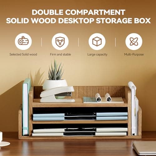 KIRIGEN Wood Desk Organizer 5 Trays - Desktop Document Letter Tray for Folders, Mail,File -Nature 3-Tier Office Mail Sorter Organizer Rack/Telephone Stand/Document Holder Dark Brown(2TP-DBR) 7