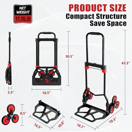 Stair Climbing Hand Truck and Dolly Heavy Duty 330 LB Capacity, Folding Hand Truck Stair Climber Cart with Telescopic Handle and 2 Bungee Cords,Portable Stair Climbing Dolly Cart for Easy Moving 5