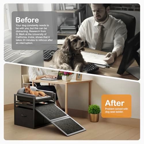 Clioran Non Slip Dog Ramp with Seat & Storage Drawers,Extra Wide Doggie Stairs,Metal Frame Puppy Chair for High Bed Couch Office,Dachshunds Ladder,Washable Cushion Pet Step for Small Old Pets Grey 5