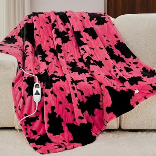 Cow Print Heated Electric Blanket Throw,50X60 Pink Heating Blanket with 10 Heats Levels & 8 Hours Auto Off,Highland Cow Decor Stuff Fleece Sherpa Blankets Warmer Gifts for Women Adults Washable
