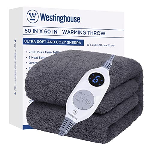 Westinghouse Electric Blanket Throw Size, Soft Plush Sherpa Heated Blanket with 6 Heating Levels & 2-10 Hours Auto-Off, Machine Washable, 50x60 inches, Darkgrey