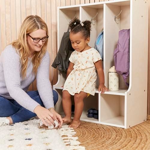 ECR4Kids Streamline 3-Section Toddler Coat Locker with Bench, Classroom Furniture, White Wash 10