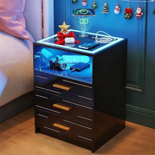 Lvifur LED Nightstand with Wireless Charging Station,3 Color Dimmable Auto Sensor Night Stand for Bedroom Furniture,Touch Screen Bedside Table with USB&Type-C Ports and 3 Drawers