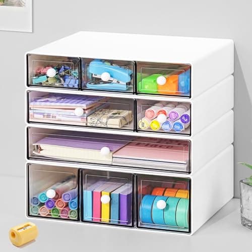 MYKASEN Desk Organizer with 9 Drawers, 4 Tier Plastic Stackable Storage Drawers for Desk Storage, Office Stationary Makeup Organizer Suit for Home, Office and School