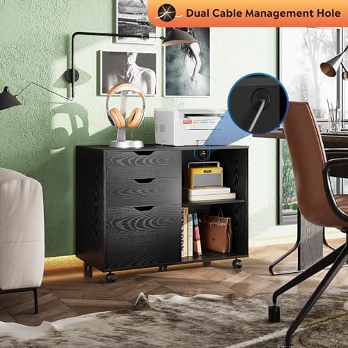 DEVAISE 3-Drawer Wood File Cabinet, Mobile Lateral Filing Cabinet, Printer Stand with Open Storage Shelves for Home Office, Black 6