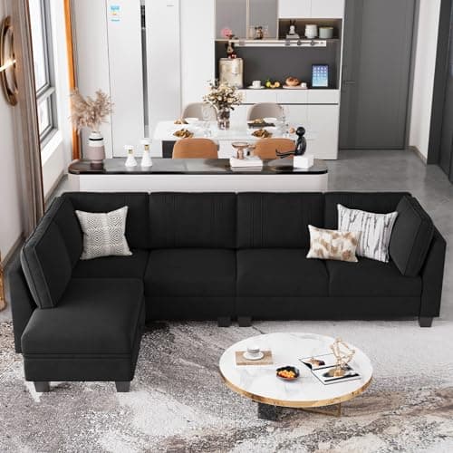 Belffin 4 Seater Sectional Sofa with Reversible Chaise, Velvet L Shaped Sofa Sectional Couch with Convertible Storage Ottoman Black 6