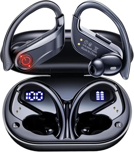 EUQQ Wireless Earbuds Bluetooth Headphones Sports Over-Ear Bluetooth 5.3 Ear Buds with Earhooks 120H Playtime Wireless Headphones for Workout Waterproof LED Power Display, Black