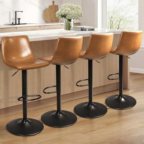 Waleaf Adjustable Swivel Bar Stools Set of 4, Counter Height Bar Stools with Back, 350 LBS PU Leather Bar Stool for Kitchen Island,Upholstered Pub Stools with Footrest, Armless Dining Chairs for Bar