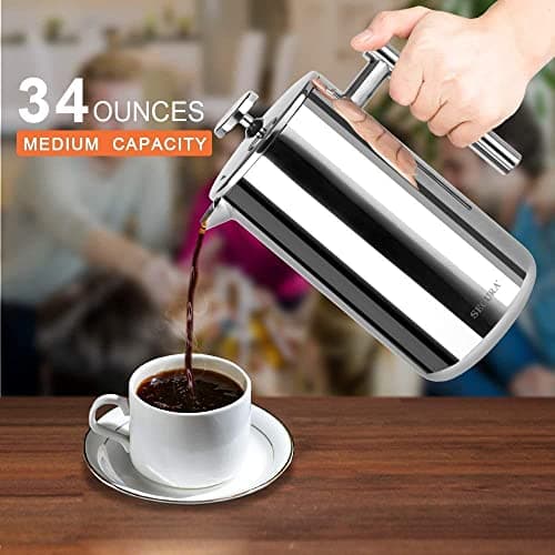Secura French Press Coffee Maker, 304 Grade Stainless Steel Insulated Coffee Press with 2 Extra Screens, 34oz (1 Litre), Silver 2