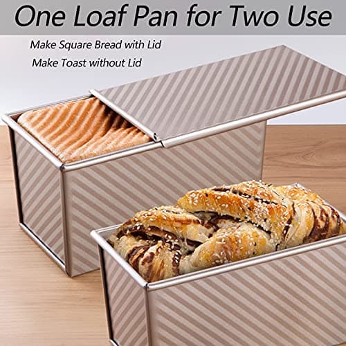 Spmarkt Pullman Loaf Pan with Lid, 1Pound Dough Capacity Rectangular Bread Pan, Non-Stick Long Bread Pans for Homemade Bread, 9x4inch Pullman Loaf Pan with Dough Scraper Cutter for Sandwich Bread 5