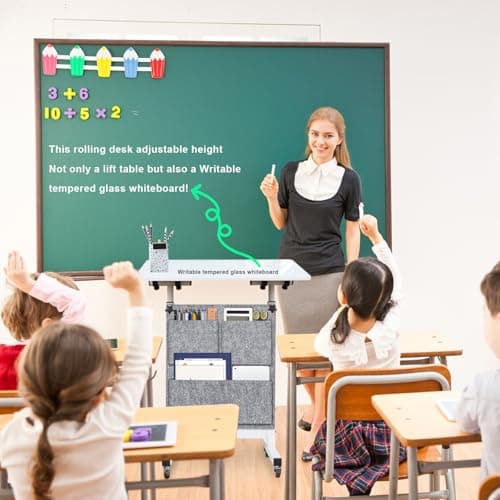 KOUPA Adjustable Height Standing Desk, Writable Tempered Glass Desktop with Eraser, 360° Flip, Wheels and Bag– Ideal for Small Spaces and Home Offices, 24 in, White(Adjustable Height: 32-47 in) 2