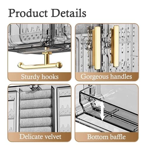 Qryval Wall Mounted Jewelry Organizer, No Punching Installation, Hanging Jewelry Organizer Box and Storage Case, Necklace Earring Holder Organizer Wall for Women Teen Girls (Gray Gold) 4