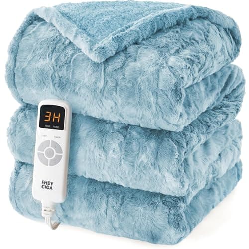EHEYCIGA Electric Heated Blanket Throw Faux Fur, 10 Hours Auto Shut Off 9 Heating Levels Heating Blanket Throw, Soft Warm Heated Blanket Fast Heating Light Blue, Faux Fur & Sherpa