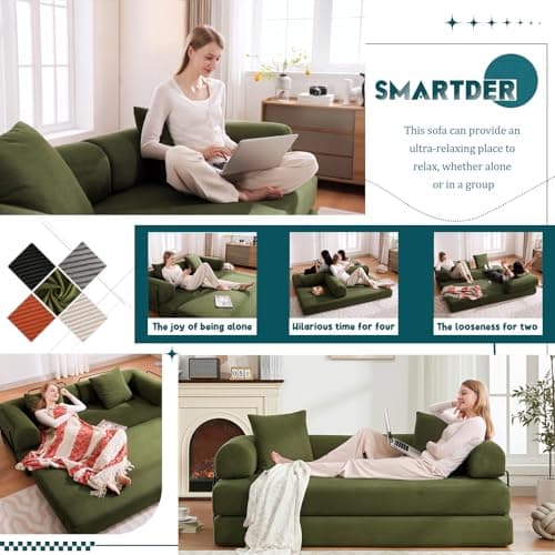 SmartDer Convertible Folding Sofa Bed, Modular Floor Sofa with Removable Backrest, 3-Seater Fold Out Couch Bed with Pillows, King Size Futon Lazy Couch Corduroy Sleeper for Living Room, Dorm, Green 6