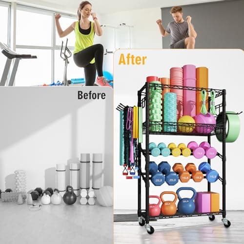 FUTASSI S3 Dumbbells Rack Storage Rack, Rolling Home Gym Weight Organizer Rack, Yoga Mat Storage and Workout Equipment Organizers for Gym Studio, Max Load 500 LBS, 34.6"W x 11.8"D x 48.6"H, Black 5