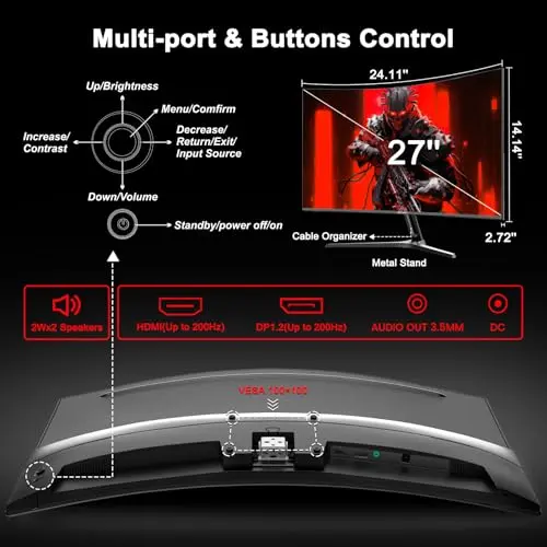 SANSUI 27 Inch Curved Gaming Monitor 200Hz 1ms with Speakers FHD 1080P Computer Monitor FreeSync|1500R|130% sRGB|HDR|Low Blue Light|HDMI DP Ports|VESA Mount|Metal Stand(HDMI Cable Incl.) 9
