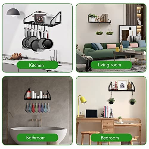 Felibeaco Hanging Pots & Pans Rack,Wall Mounted Pots Pans Organizer Holder Rack with 8 Hooks, Kitchen Wall Storage Organizer Hanger Shelves for Pans Set, Utensils, Cookware, Books, Household,Black 6