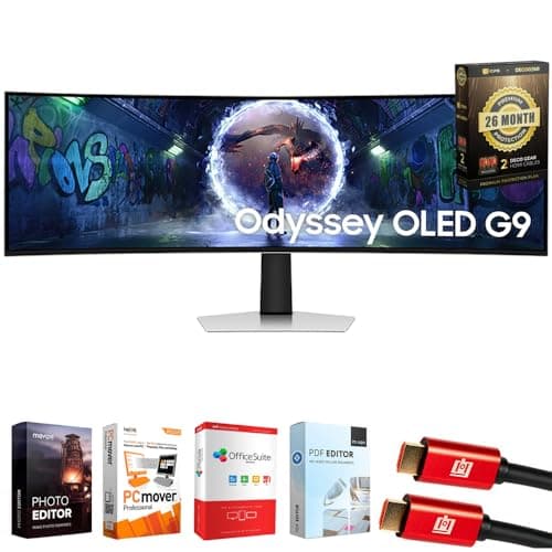 Samsung 49" Odyssey DQHD 5,120x1440 240Hz OLED G9 Curved Gaming Monitor Bundle with Tech Smart USA Elite Suite 18, 2X HDMI Cable & Deco Gear CPS Exclusive 26 Month Protection Pack (BEACH-CPS-26M1500)