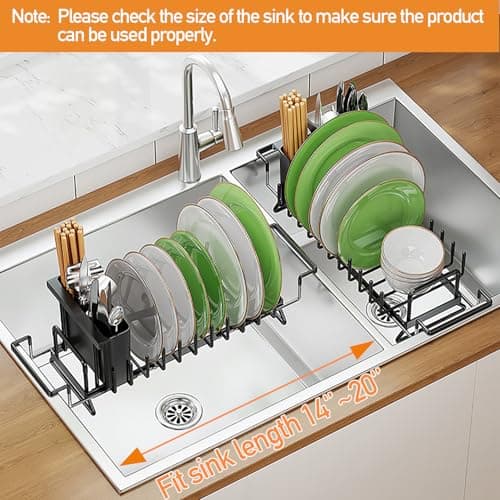 TOOCA BEAR Expandable Small Dish Drying Rack, Stainless Steels Over Sink Dish Drainer with Silicone Drying Tray Dish Racks for Kitchen Counter 6