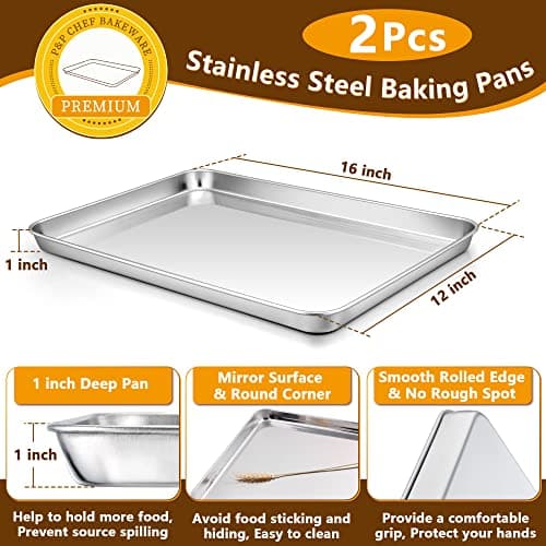 P&P CHEF 16 Inch Stainless Steel Baking Sheet with Rack Set (2 Pans+ 2 Racks), Cookie Sheets Baking Trays and Cooling Wire Racks, Oven & Dishwasher Safe, Pans with Flat Racks 2