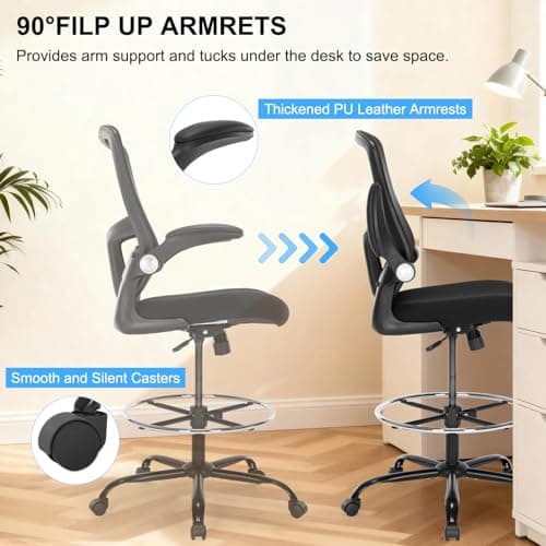 Bondesin Drafting Chair, Ergonomic Tall Office Chair with Lumbar Support Standing Desk Stool with Flip-up Armrests Comfy High Office Desk Chair with Adjustable Foot Ring for Counter Height Desk, Black 7