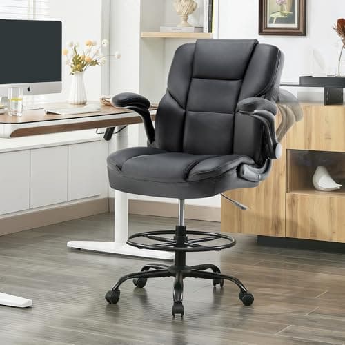 Drafting Chair 500Lbs, Tall Office Chair for Standing Desk, High PU Leather Executive Office Chair with Flip-up Armrests, Ergonomic High Chair with Adjustable Foot Ring, Comfy Stool Chairs, Black