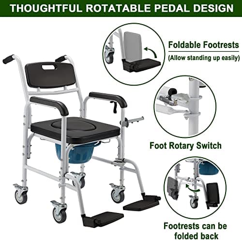 Homguava Bedside Commode Wheelchair, 4 in 1 Shower Commode Chair Rolling Transport Chair Toilet with Arms for Seniors and Disabled Weight Capacity 350lbs, Black 6