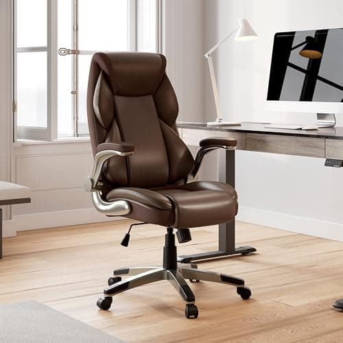 EUREKA ERGONOMIC Galene Executive Office Chair Flip Up Arm Rest, Ergonomic Desk Chair Faux Leather Computer Chair, High Back Office Chair with Headrest, Home Office Desk Chairs with Wheels, Brown