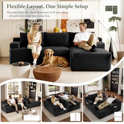 96" Sectional Couches for Living Room Cloud Couch Sofa with L-Shape Upholstered Boneless Couchs Modern Modular Sectional Couch with Chaise (Black, 96" W+Right Facing Chaise+2Seaters) 7