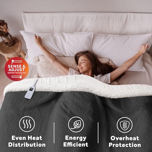 Sunbeam Electric Royal Luxe Microplush Reverse Sherpa Heated Blanket, 12 Heat Settings, 12-Hour Selectable Auto Shut-Off, Fast Heating, Warm and Cozy, Night Fog, Full, 84" x 72" 5