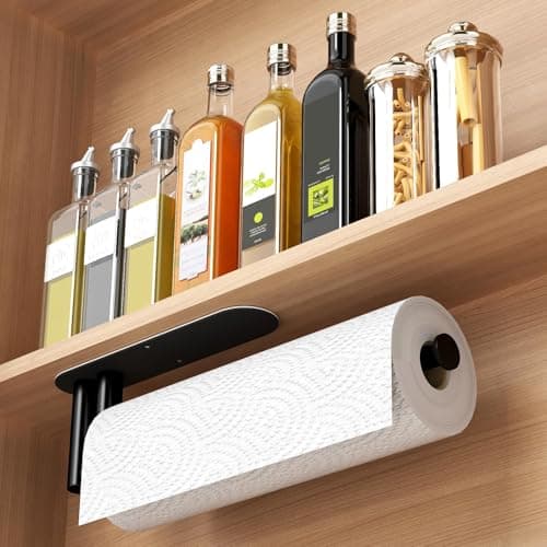 Under Cabinet Paper Towel Holder for Kitchen, Upgraded Heavy Duty Double Pole Design, Both Available in Adhesive & Screws, Self-Adhesive Bar Rack for Kitchen Towel, Stainless Steel, Black 7