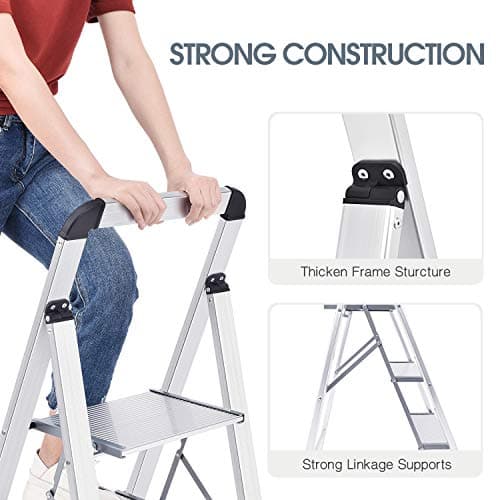 KINGRACK Aluminium 3 Step Ladder, Lightweight Step Stool with Non-Slip Pedals, Handrail, 330 LBS Foldable Step Ladder for Kitchen, Garage, Home, Space Saving, Sturdy and Portable, Silver 5