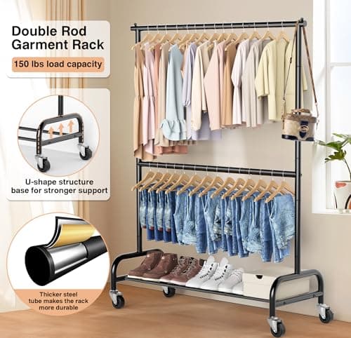 MISSLO Heavy Duty Clothing Racks for Hanging Clothes Rack Double Rod Garment Rack Rolling Closet Wardrobe Rack on Wheels, Metal, Adjustable, Black 2