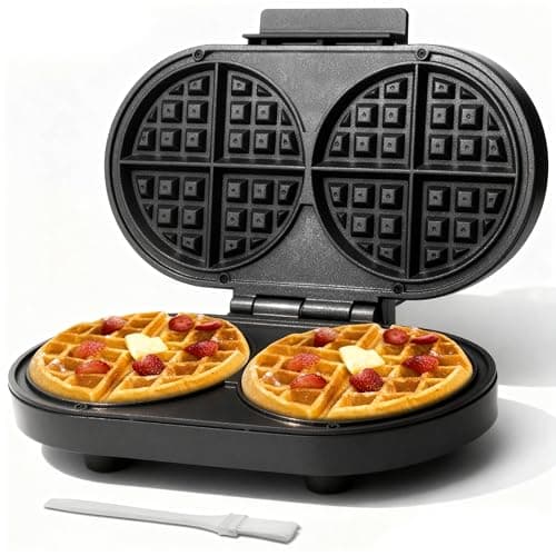 Baker’s Friend Double Belgian Waffle Maker Thick, 2 X 6” Round Waffle Maker, Belgium Waffle Iron, Waflera Electrica with Non-stick Plates, 1200W, Perfect for Kids & Family Breakfast, Graphite