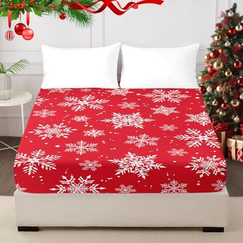 HCORA Christmas Fitted Sheet Only, 100% Brushed Microfibre Deep Pocket Fitted Bottom Sheet, Ultra Soft, Shrinkage and Fade Resistant, Queen Size