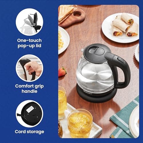 Elite Gourmet EKT1001 Electric 1.0L BPA-Free 1100W Glass Kettle Cordless 360° Base, Stylish Blue LED Interior, Handy Auto Shut-Off Function – Quickly Boil Water For Tea & More, Black 6