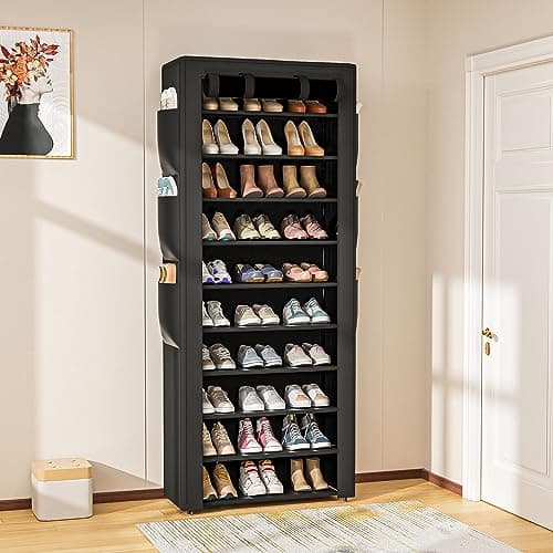 OYREL Large Shoe Rack, Black, 6 Side Pockets, 23.6" Wide x 11.4" Deep x 68.9" Tall, 36-41 Pairs of Shoes 6