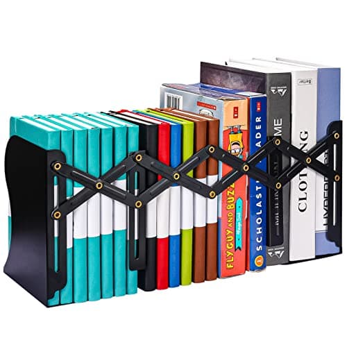 Adjustable Bookends, Metal Book Ends for Heavy Book, 2 Dividers, Nonslip Book Stander for Desk, Shelf, Office, Stationery Gift, Extends up to 19 inches (Black)