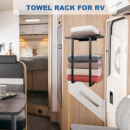 Towel Racks for Bathroom Wall Mounted, Metal Towel Holders with Black Wooden Shelf, Rolled Bath Towel and Hand Towels Holder Storage and Organization for Bathroom, Rv, Camper 5