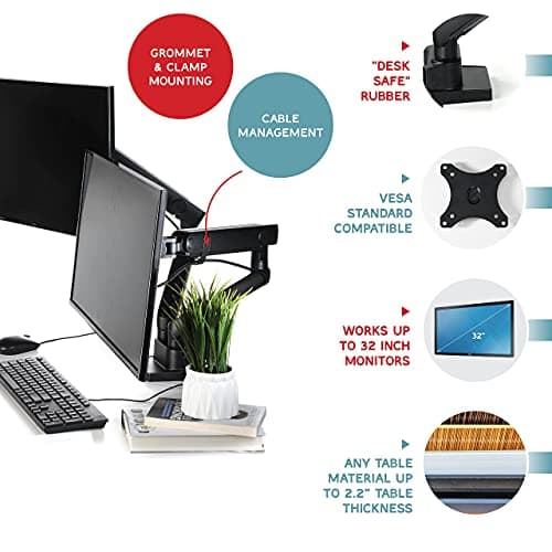 Dual Monitor Arm Stand for 35 Inch Screens - Full Adjustable VESA Mount for 2 Monitors, Heavy Duty Dual Monitor Desk Mount Compatible with C Clamp, Grommet Mounting Base, Holds 26.4lbs per Arm, Black 5