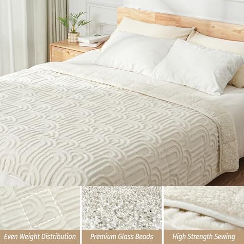 Wemore Jacquard Fleece Weighted Blanket Queen Size 60" x 80" 15lbs, Ultra Soft Cozy Sherpa Weighted Blankets for Adults, Ultra Fuzzy Heavy Blanket for Sleep, Fluffy Warm Throw for Bed, Cream White 5