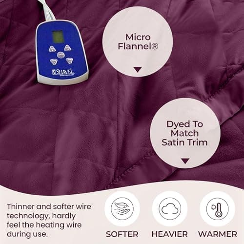 Shavel Home Products Micro Flannel Blanket Full Size Heated Blanket with 10 Settings, Programable Heating Blanket, Luxuriously Soft Heated Throw Blanket, Rapid Heating Thermal Blanket - Wine 2