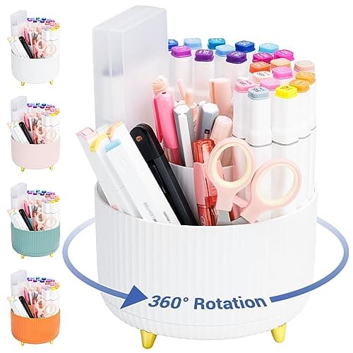 4Johor Pen Holder - Pencil Holder with 5 Compartments, 360°Rotating desk organizer and accessories for Women and Men,Desk Caddy for School,Teacher,Office,Art Supplies. Tidy Desk, Tidy Mind