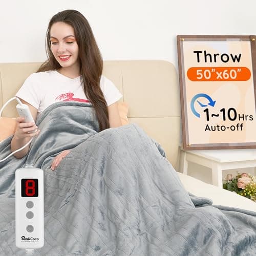 Mia&Coco Heated Throw Blanket - 50"x60" Flannel Electric Blanket, 6 Heat Levels, 10-Hour Auto-Off, Fast Heating, Overheat Protection, Machine Washable, Soft Heated Blanket for Home and Office (Gray)