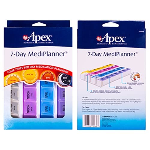 Apex 7-Day Mediplanner Pill Organizer, Weekly Pill Organizer, 4 Times A Day Color-Coded, Easy-Open, See-Through Lids, Organize Medication Or Vitamins by AM, PM, Evening and Bedtime 10