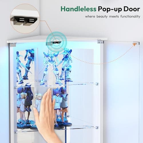 Lamtor 72" Corner Display Cabinet with Glass Doors, 6-Tier Showcase Curio Cabinet for Collectibles with Dynamic LED Lights, Modern Display Case for Living Room, White 7