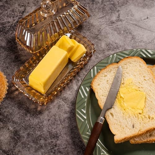 Champagne Color Glass Butter Dish with Lid, Covered Butter Stick Holder Tray, Crystal Glass Butter Storage Container for Kitchen Countertop 5