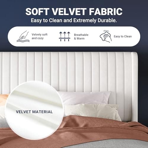 Allewie Queen Size Velvet Bed Frame/Vertical Channel Tufted Wingback Headboard/Upholstered Platform Bed/Strong Wooden Slats/No Box Spring Needed/Easy Assembly/White 6
