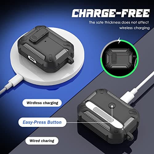 RFUNGUANGO for AirPods Pro Case Cover with Cleaner Kit, Military Hard Shell Protective Armor with Lock for AirPod Pro Charging Case, Front LED Visible,Black 4