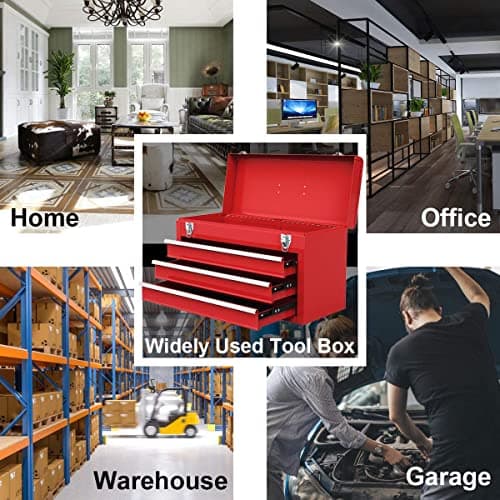 Giantex Portable Steel Tool Box, 20.5'' Toolbox w/ 3 Drawers & Top Storage Tray, Tool Storage Chest w/Double Latch System, Ball Bearing Drawer Slides, EVA Liners & Carrying Handle, Red 6